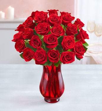Two Dozen Red Roses with Red Vase (Free Delivery) - Carved Nature