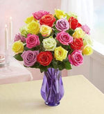 Two Dozen Assorted  Roses with Purple Vase [ Free Delivery] - Carved Nature