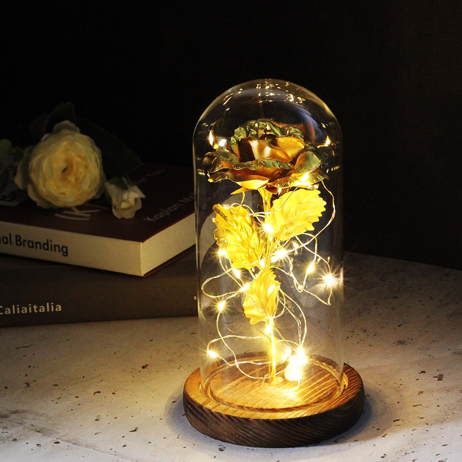 Hot Beauty And The Beast Red Rose Flower In Glass Dome Wooden Base For Decorate Valentine's Day Gifts Christmas LED Rose Lamps