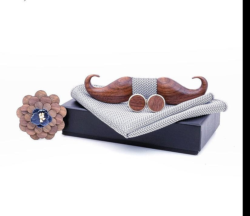 Walnut Turkish Style Mustach Bow Tie Set-Carved Nature