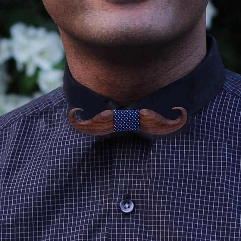 Walnut Turkish Style Mustach Bow Tie Set-Carved Nature